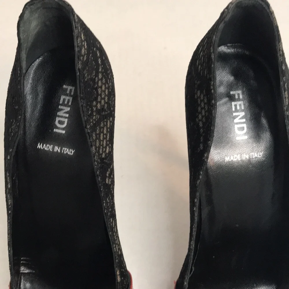 Fendi Vintage Lace Heel Pumps Black with Red Parent Leather Size EU 37 US 7